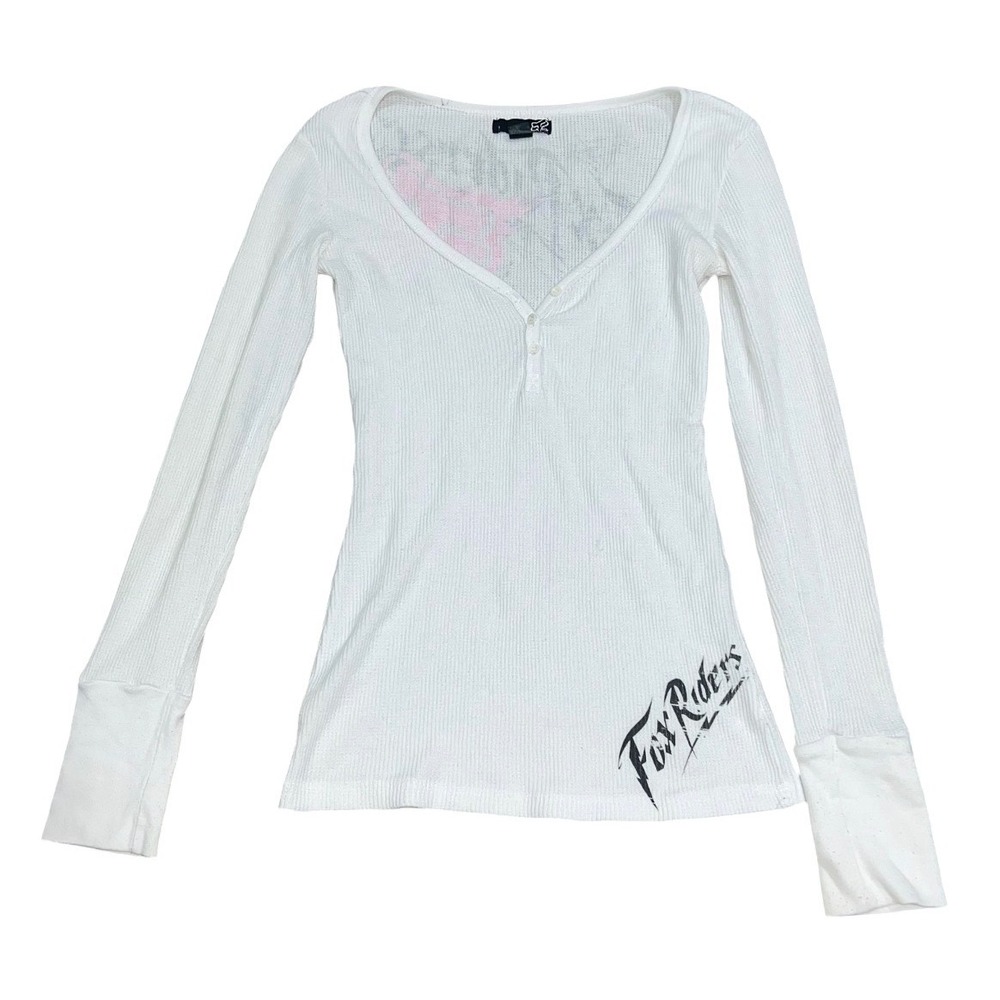Y2K Fox Racing White Waffle Knit Thermal Henley Long Sleeve Graphic Top Small